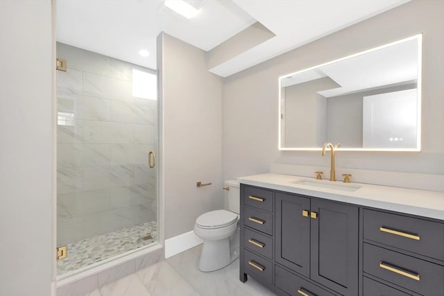 full bathroom with marble finish floor, toilet, a stall shower, vanity, and baseboards