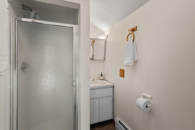 full bathroom with vanity and a shower stall