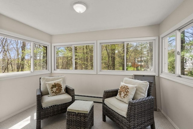 sunroom / solarium featuring baseboards, carpet, and baseboard heating