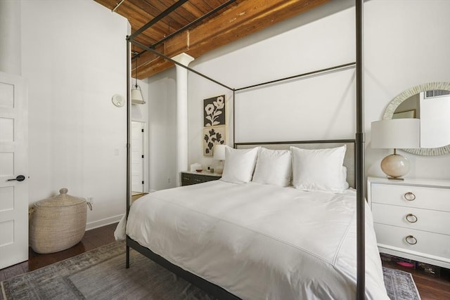 bedroom featuring wood ceiling, dark hardwood / wood-style floors, and beamed ceiling