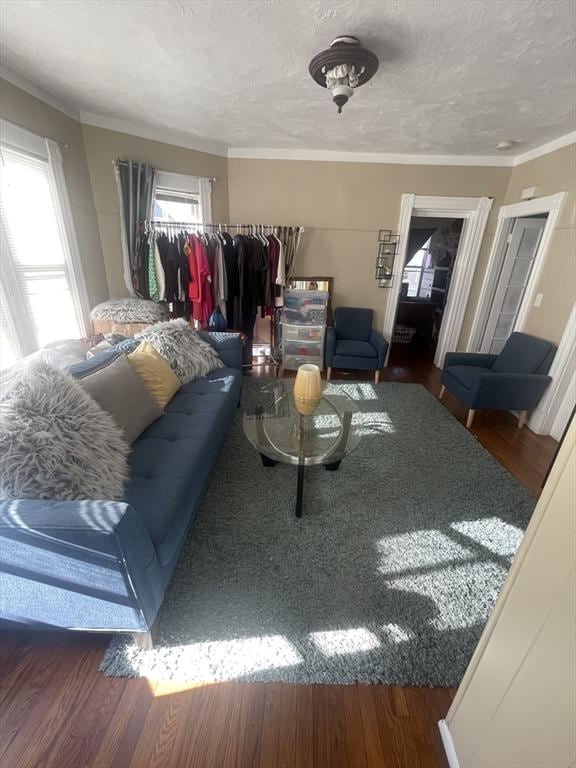 living room featuring crown molding, dark hardwood / wood-style flooring, and a textured ceiling