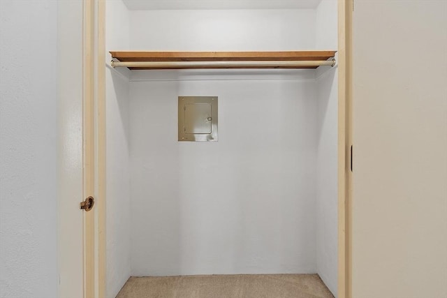 laundry room featuring electric panel and light colored carpet