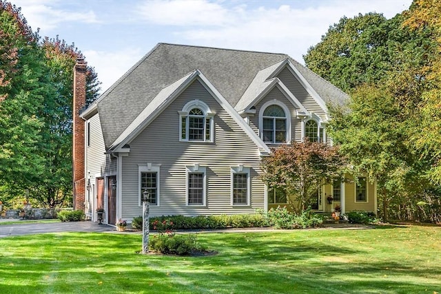 14 Glen Rd, Hopkinton, MA 01748 - view of front of home featuring a chimney, a front yard, asphalt driveway, and a garage