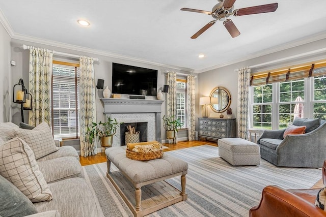 14 Glen Rd, Hopkinton, MA 01748 - living room with ceiling fan, crown molding, a brick fireplace, wood finished floors, and recessed lighting