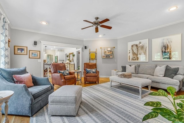 14 Glen Rd, Hopkinton, MA 01748 - living area with light wood-type flooring, ceiling fan, recessed lighting, and crown molding