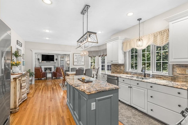 14 Glen Rd, Hopkinton, MA 01748 - kitchen with gray cabinets, white cabinets, tasteful backsplash, a center island, and recessed lighting