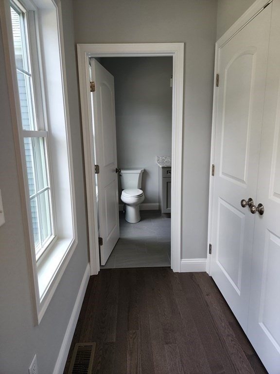 hallway featuring dark hardwood / wood-style flooring and a wealth of natural light