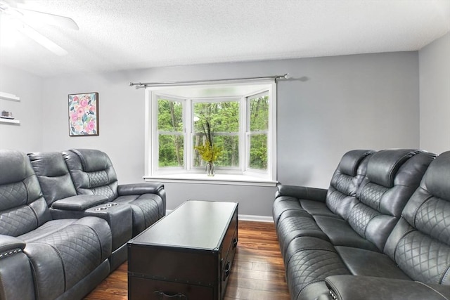 59 Castlegate Dr Unit B, Springfield, MA 01129 - living room with dark wood-style floors, ceiling fan, baseboards, and a textured ceiling