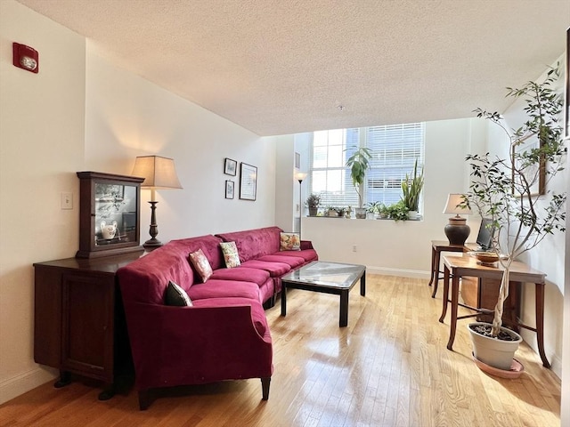 living room with a textured ceiling and light hardwood / wood-style floors