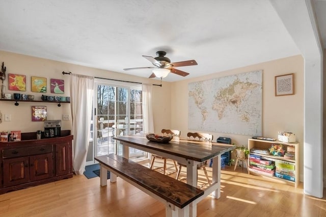 dining room featuring light wood finished floors and ceiling fan