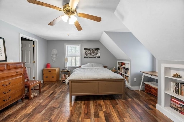 bedroom featuring baseboards, vaulted ceiling, ceiling fan, and dark wood-type flooring