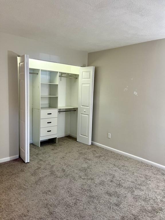 unfurnished bedroom with a textured ceiling, baseboards, carpet, and a closet