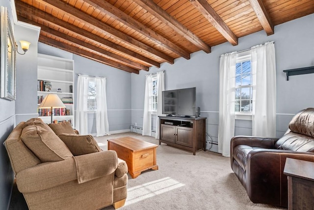 living room featuring baseboard heating, lofted ceiling with beams, light carpet, and wooden ceiling