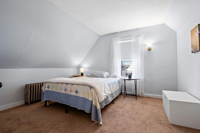 carpeted bedroom featuring lofted ceiling and radiator heating unit