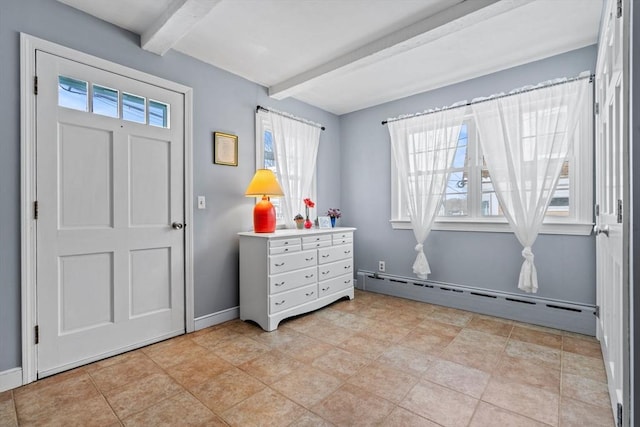 entryway with beamed ceiling and a baseboard radiator