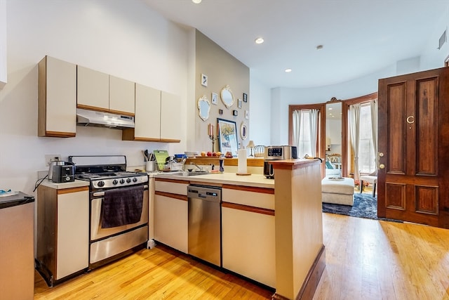 kitchen featuring appliances with stainless steel finishes, light hardwood / wood-style flooring, kitchen peninsula, and sink