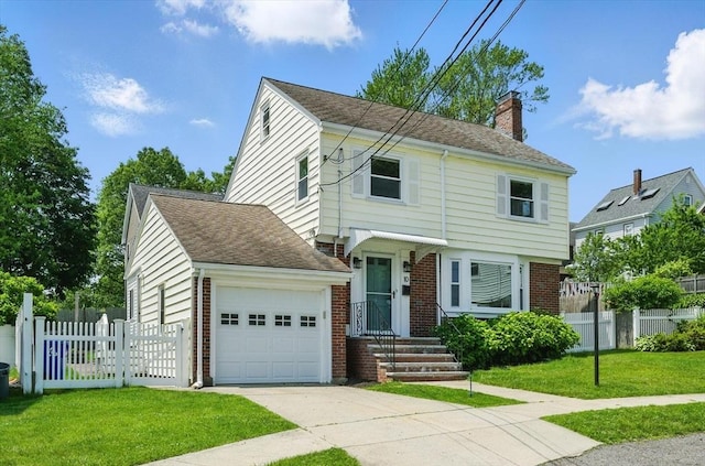 10 Highfield Ter, Boston, MA 02131 - view of front facade with a garage, brick siding, a chimney, driveway, and roof with shingles