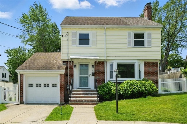 10 Highfield Ter, Boston, MA 02131 - colonial inspired home featuring an attached garage, brick siding, a chimney, concrete driveway, and entry steps