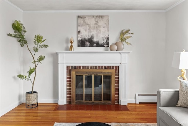 10 Highfield Ter, Boston, MA 02131 - detailed view of a baseboard radiator, a fireplace, wood finished floors, and ornamental molding