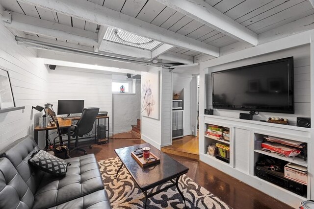 living area featuring wooden walls, beam ceiling, wooden ceiling, and wood finished floors