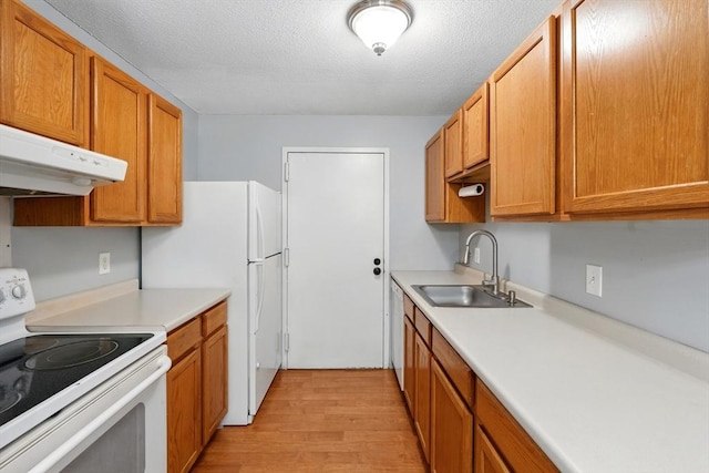 49 Village Brook Ln Unit 2, Natick, MA 01760 - kitchen with white appliances, under cabinet range hood, light wood-type flooring, light countertops, and a textured ceiling