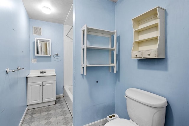 full bath with tile patterned floors, toilet, baseboards, visible vents, and washtub / shower combination