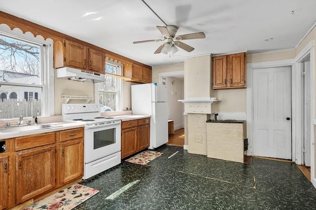 kitchen featuring a sink, white appliances, ceiling fan, dark floors, and under cabinet range hood