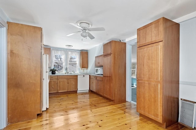 kitchen with a sink, light wood-style flooring, white appliances, ceiling fan, and light countertops