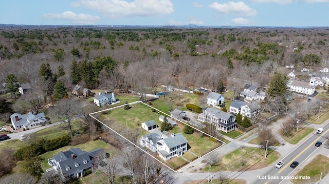 bird's eye view with a forest view and a residential view
