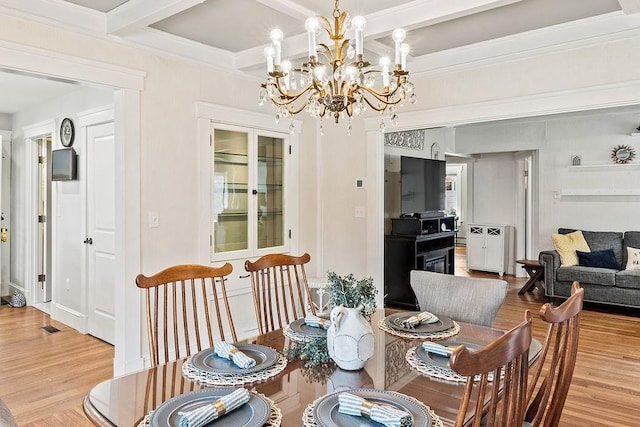 dining space featuring an inviting chandelier, light wood finished floors, radiator heating unit, beamed ceiling, and coffered ceiling