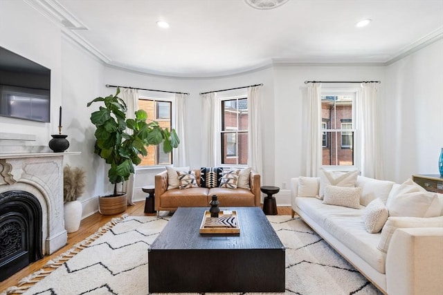 living room with light hardwood / wood-style flooring and crown molding