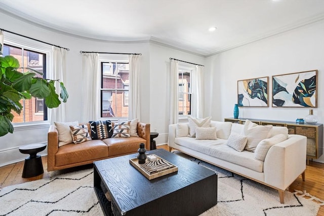 living room featuring ornamental molding, light wood-type flooring, and a healthy amount of sunlight