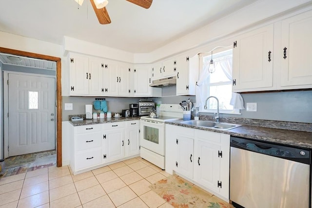 kitchen featuring electric range, dark countertops, a sink, stainless steel dishwasher, and under cabinet range hood