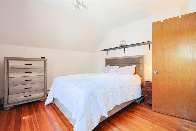 bedroom featuring lofted ceiling and hardwood / wood-style floors
