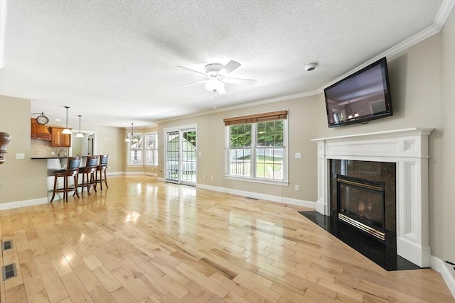 10 Tigger Ln, South Hadley, MA 01075 - living room with crown molding, light wood-style flooring, ceiling fan, a premium fireplace, and a textured ceiling
