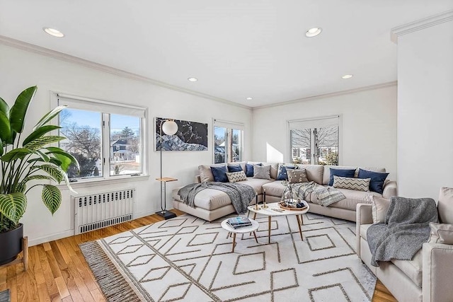 living room with wood-type flooring, radiator, crown molding, and a healthy amount of sunlight