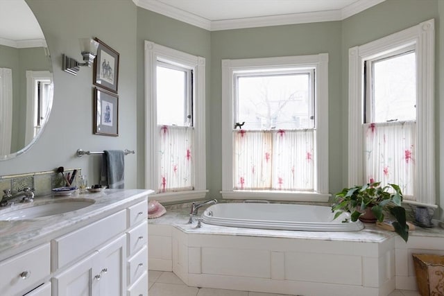 bathroom with a bath, tile patterned flooring, vanity, and crown molding