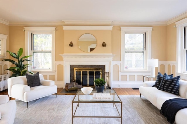 87 Crowninshield Rd, Brookline, MA 02446 - living room with ornamental molding, a fireplace with flush hearth, wood finished floors, and radiator