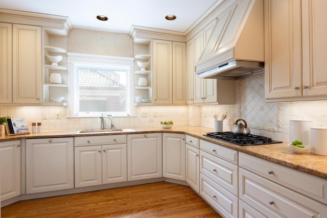 87 Crowninshield Rd, Brookline, MA 02446 - kitchen featuring backsplash, open shelves, a sink, and custom range hood