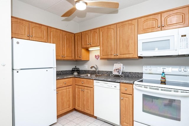 kitchen featuring ceiling fan, sink, light tile patterned floors, and white appliances