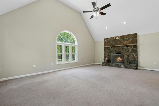 94 Old Right Rd, Ipswich, MA 01938 - unfurnished living room with ceiling fan, a fireplace, carpet floors, and high vaulted ceiling