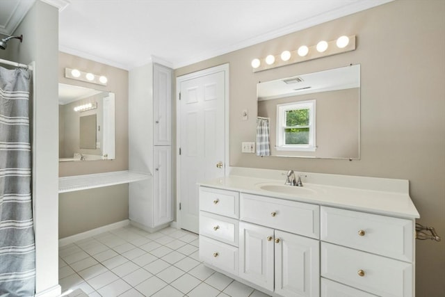 94 Old Right Rd, Ipswich, MA 01938 - full bathroom featuring crown molding, tile patterned floors, vanity, and a shower with shower curtain
