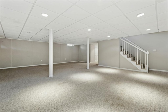 94 Old Right Rd, Ipswich, MA 01938 - finished basement with stairway, carpet floors, recessed lighting, and a paneled ceiling