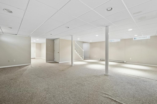 94 Old Right Rd, Ipswich, MA 01938 - finished below grade area featuring a drop ceiling, carpet, a baseboard heating unit, stairway, and recessed lighting
