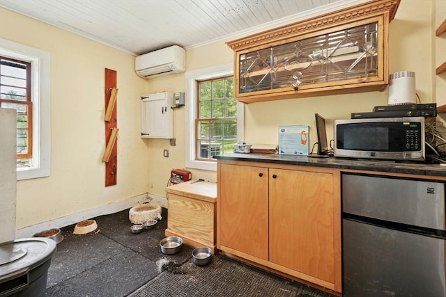 94 Old Right Rd, Ipswich, MA 01938 - kitchen featuring stainless steel appliances, an AC wall unit, dark countertops, wooden ceiling, and ornamental molding