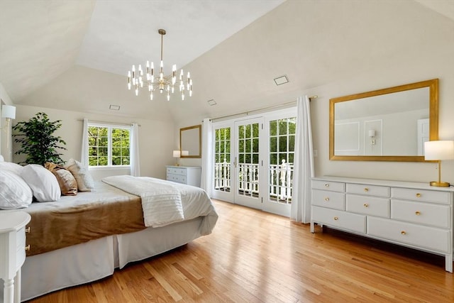 4 Blacksmith Way, Saugus, MA 01906 - bedroom with access to exterior, a chandelier, light wood-style floors, and vaulted ceiling