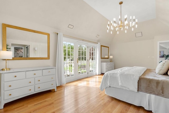 4 Blacksmith Way, Saugus, MA 01906 - bedroom featuring access to outside, light wood-style flooring, vaulted ceiling, and a chandelier