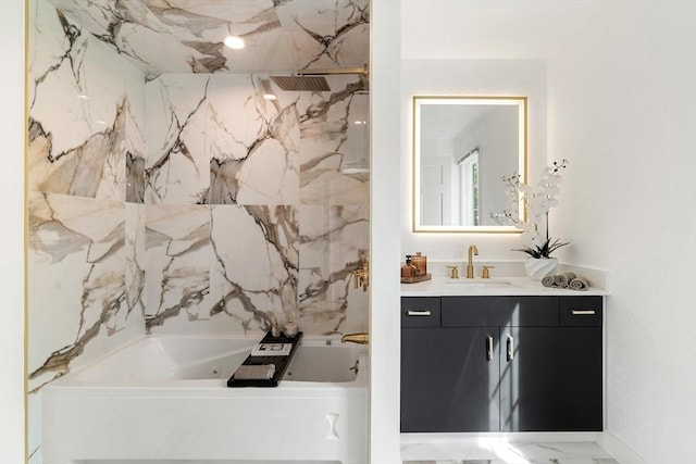 4 Blacksmith Way, Saugus, MA 01906 - bathroom featuring a whirlpool tub, vanity, a marble finish shower, and marble finish flooring