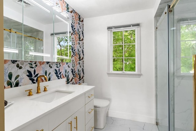 4 Blacksmith Way, Saugus, MA 01906 - bathroom with marble finish floors, vanity, baseboards, a marble finish shower, and toilet