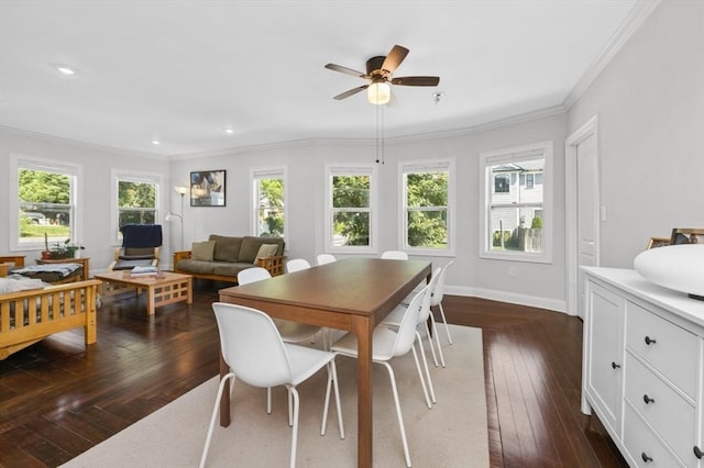 200 Elliot St Unit 1, Newton, MA 02464 - dining room with healthy amount of natural light, dark wood-style flooring, crown molding, ceiling fan, and baseboards